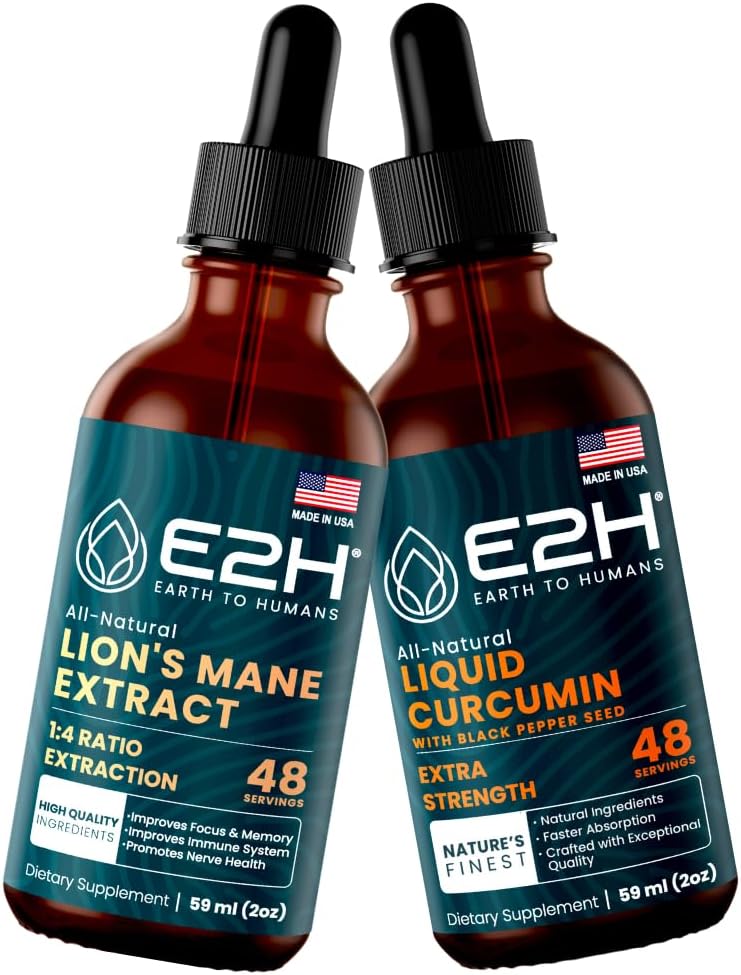 E2H: Lew 's Mane for Mental Clarity & Immunity, Liquid Turmeric for Joint Support Assistance 124; Vegan, Non-GMO - 2 Fl Oz Each (4 Fl Oz Total) - Bundle