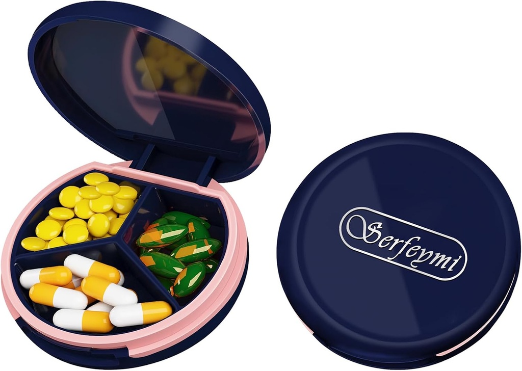 Serfeymi Small Pill Box - 3 Komory Przenośne Pill Box do kieszeni torebki, Compact Mini Travel Pill Case - Nadaje się do medycyny, Witamina, Olej rybny, Suplementy - Ciemny niebieski (Logo)