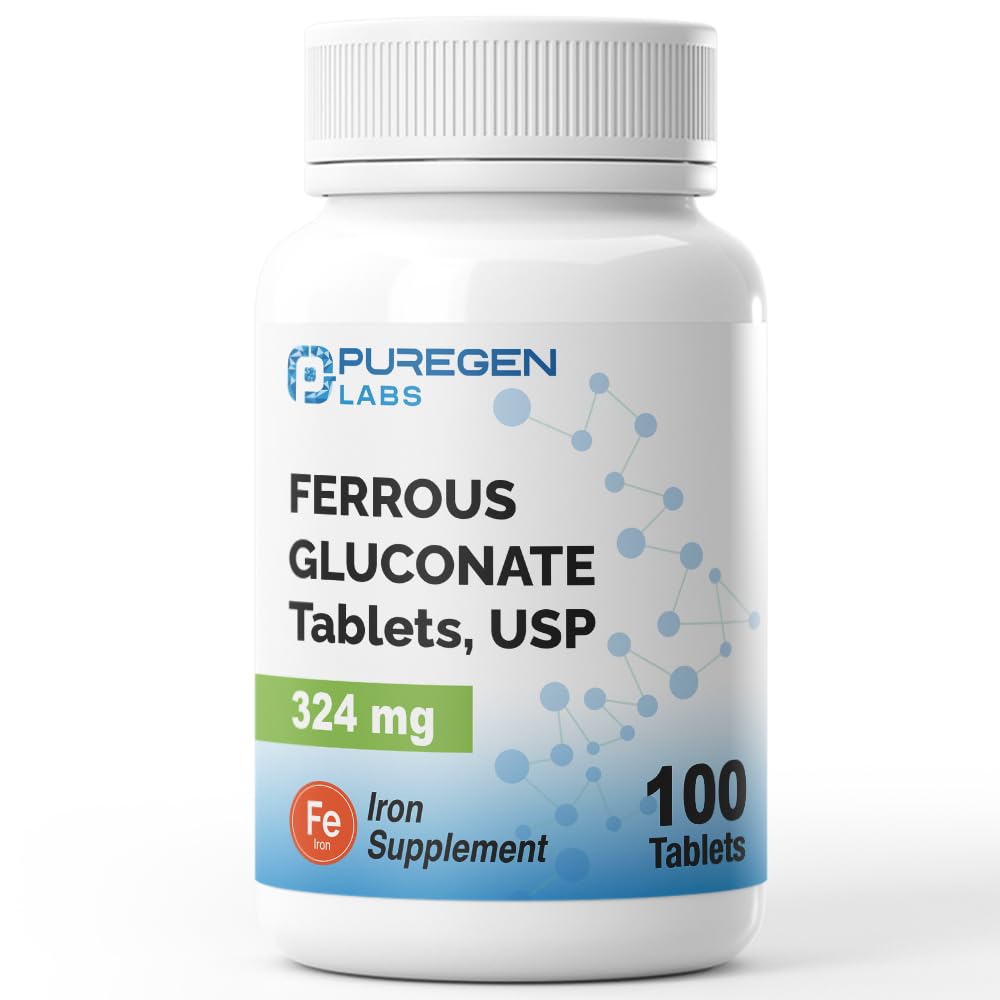 Puregen Labs Glukonian żelaza 324 mg [Wysoka potencja] Suplement żelaza, Delikatnie na stomach - 100 tabletek