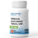 Puregen Labs Glukonian żelaza 324 mg [Wysoka potencja] Suplement żelaza, Delikatnie na stomach - 100 tabletek