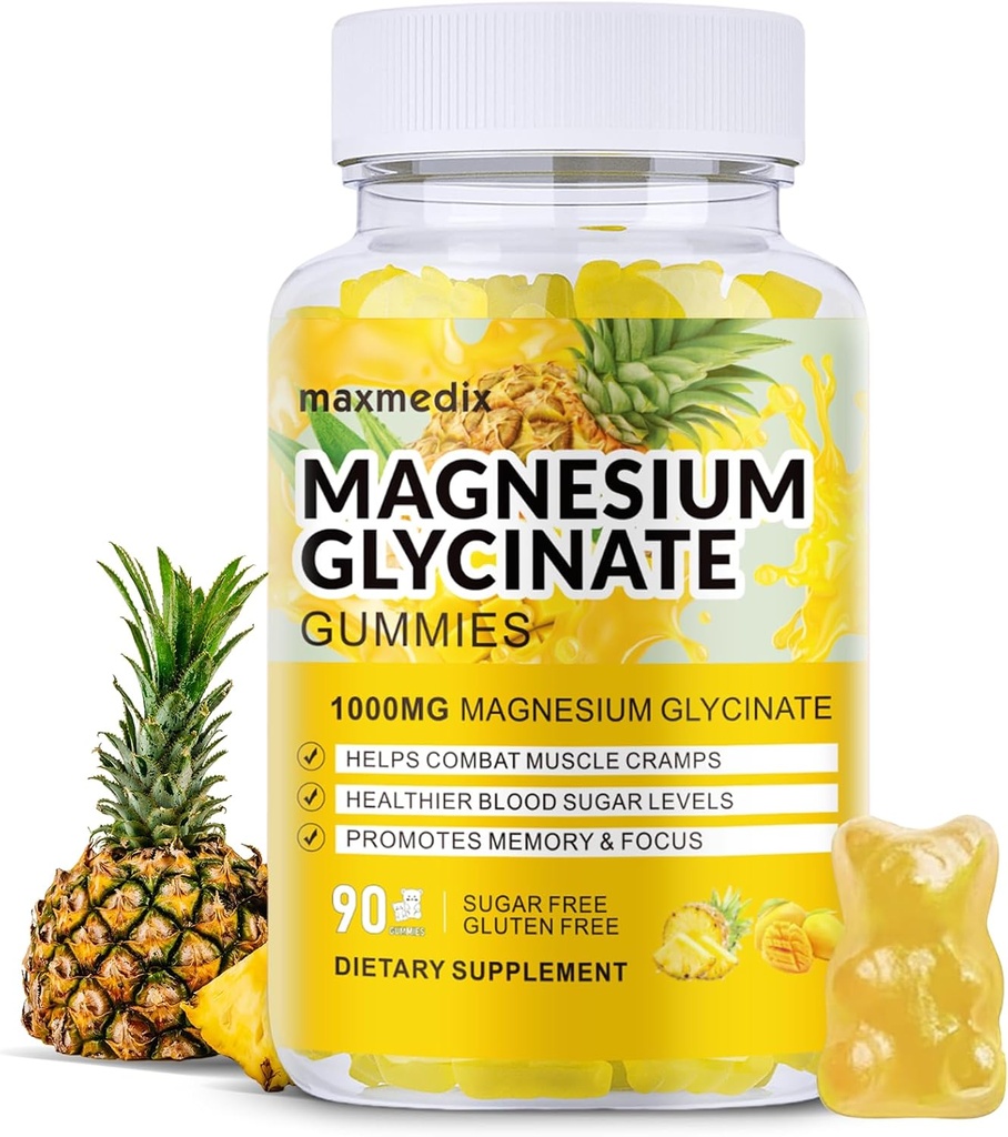 Glucynian magnezu Gummies 1000mg, bezcukrowe suplementy potasu magnezu do żucia dla dorosłych z L- Threonian dla snu, Podtrzymywanie ciała i relaks, 90 Mango Gumiaki ananasowe