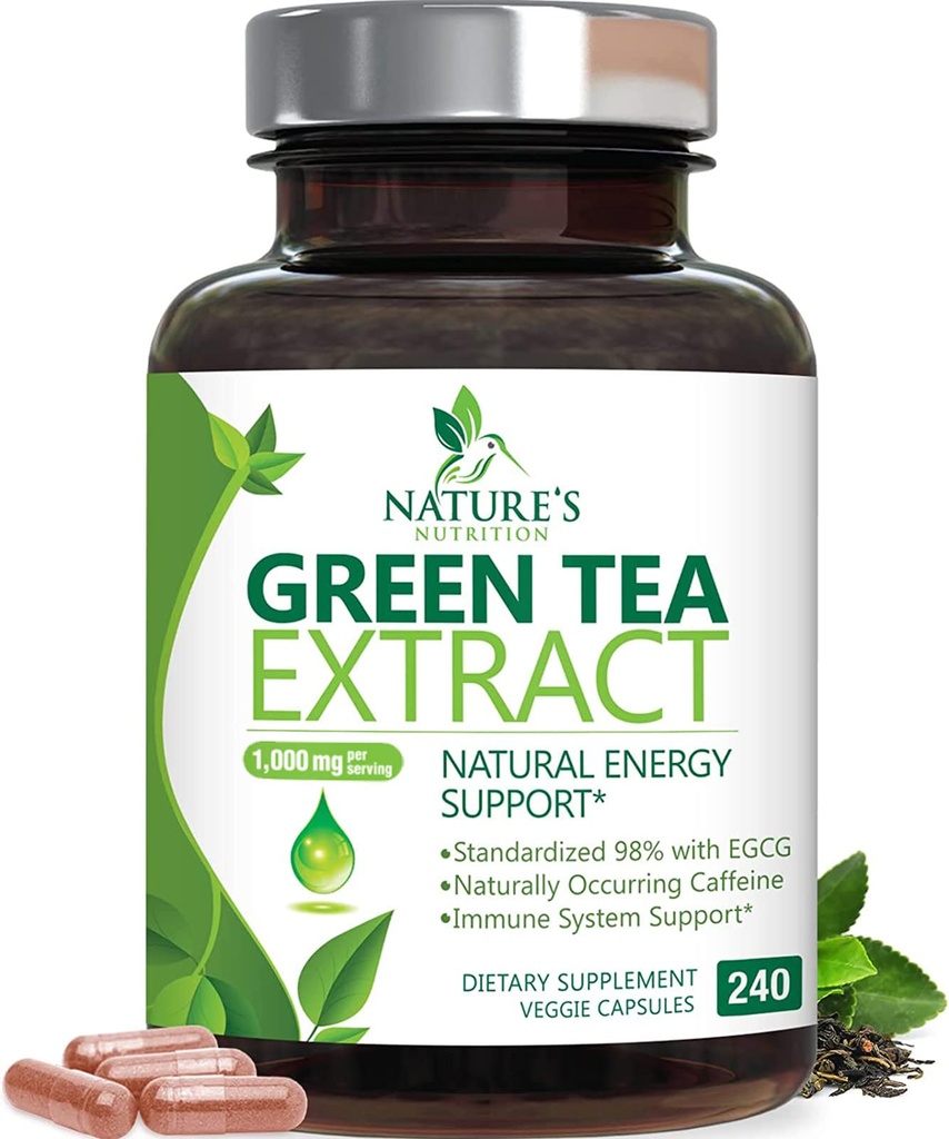 Green Tea Extract Kapsułki 1000mg 98% Standaryzowane EGCG - 3X Siła dla energii naturalnej - Wsparcie serca z polifenoli - Delikatna Kofeina - 240 Kapsułki