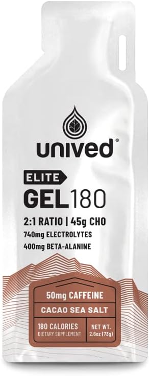 Unived Elite Gel 180-2: 1 Stosunek prostych i złożonych węglowodanów z Beta Alanine & Esential Electrolytes - dla Endurance Sports Runners & rowerzystów -180kcal - Cocoa Sea Salt - 50mg Caetine - Opakowanie 6