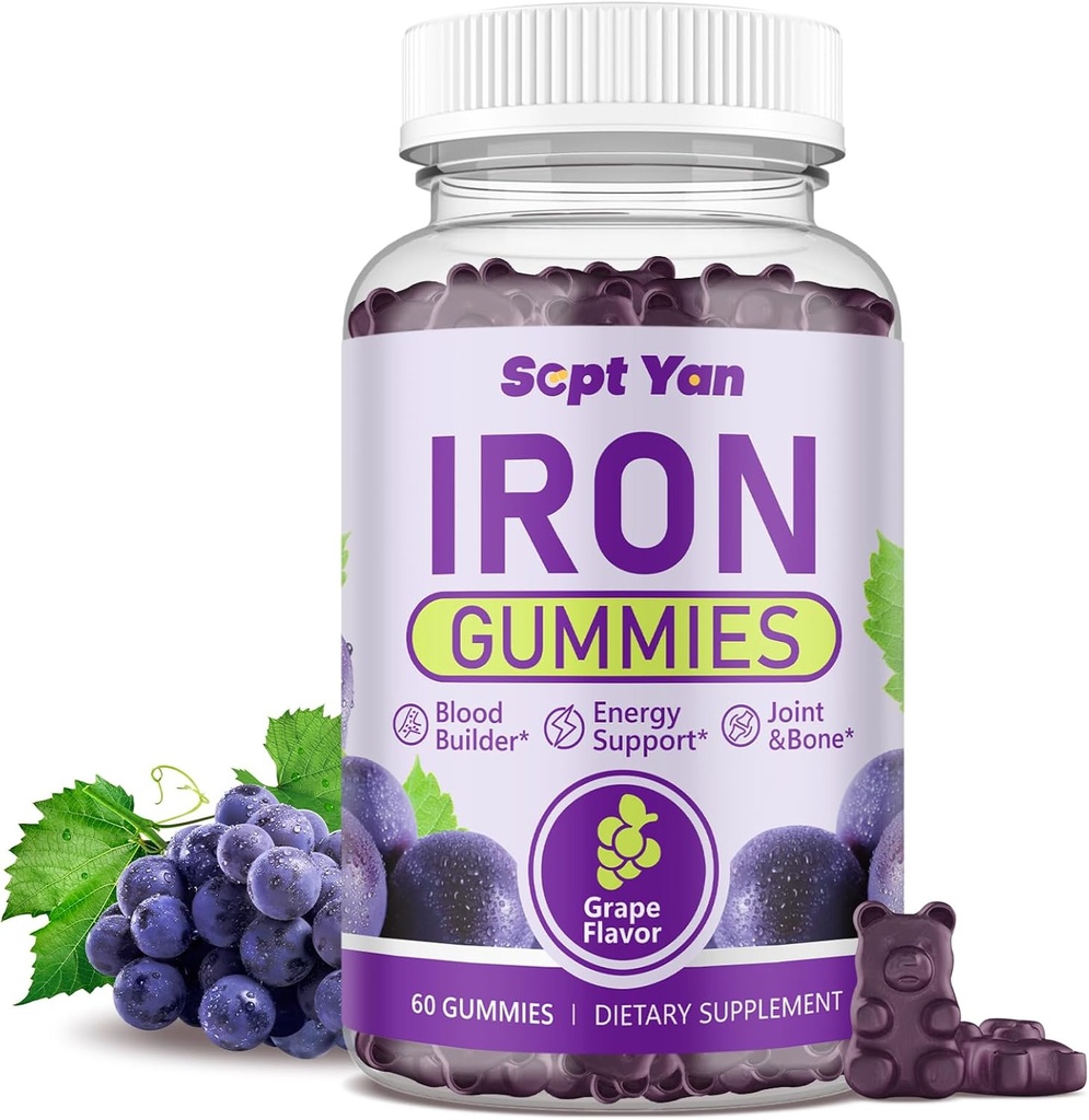 Żelazne żeberka dla kobiet i mężczyzn, Żelazne żeberka z folianem, Witamina B12, Cynk i D3 dla Blood Building, Energy Boost, Immune Support & Bone Health, Delikatne wchłanianie, Wegan, Grape Favour 60ct