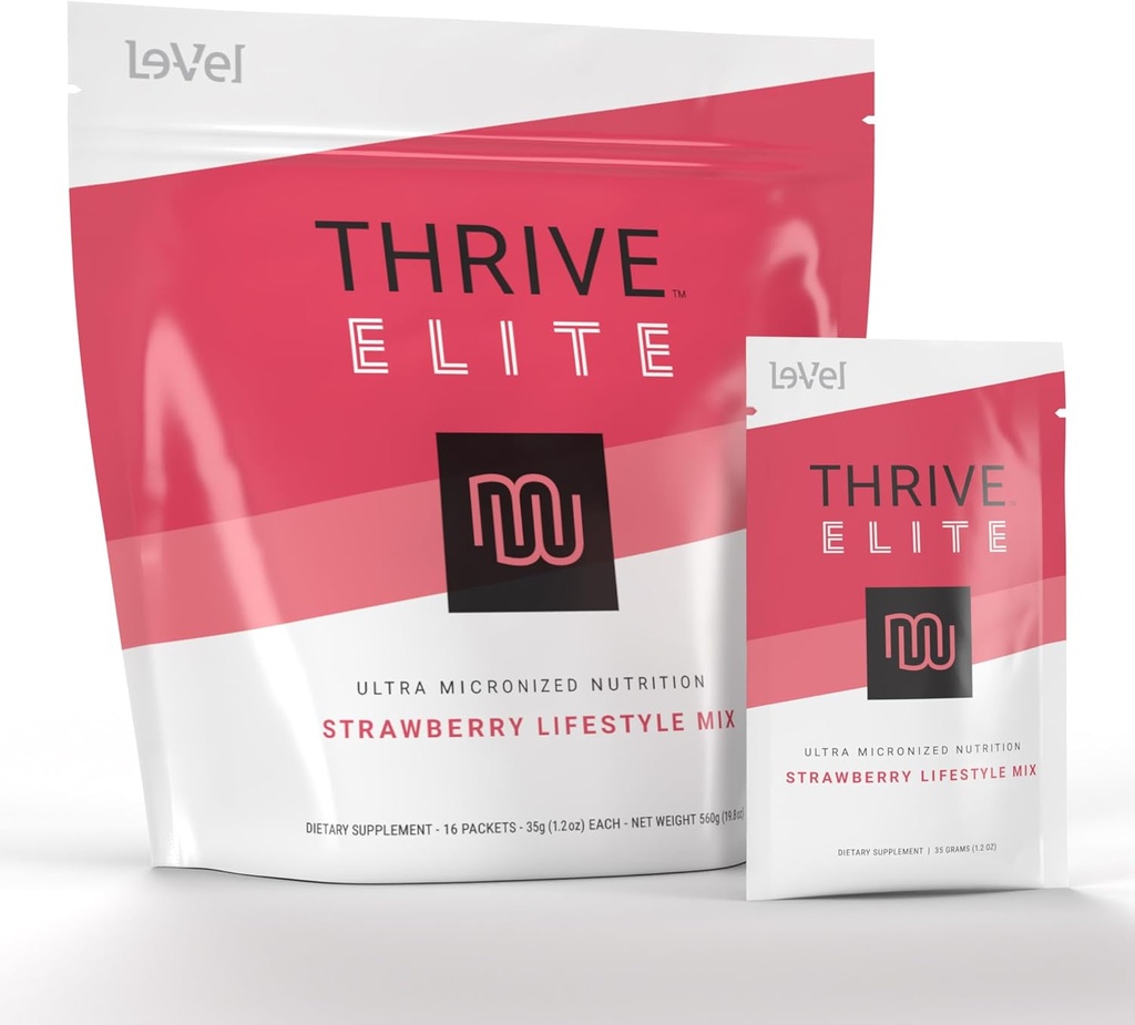 Le- Vel Thrive Elite Protein Shake Gluten- Free, Mieszanka proteinowa z BCAA, Probiotyki i Enzymy 124; 16 Służenia - Pojedyncze opakowania, Truskawka