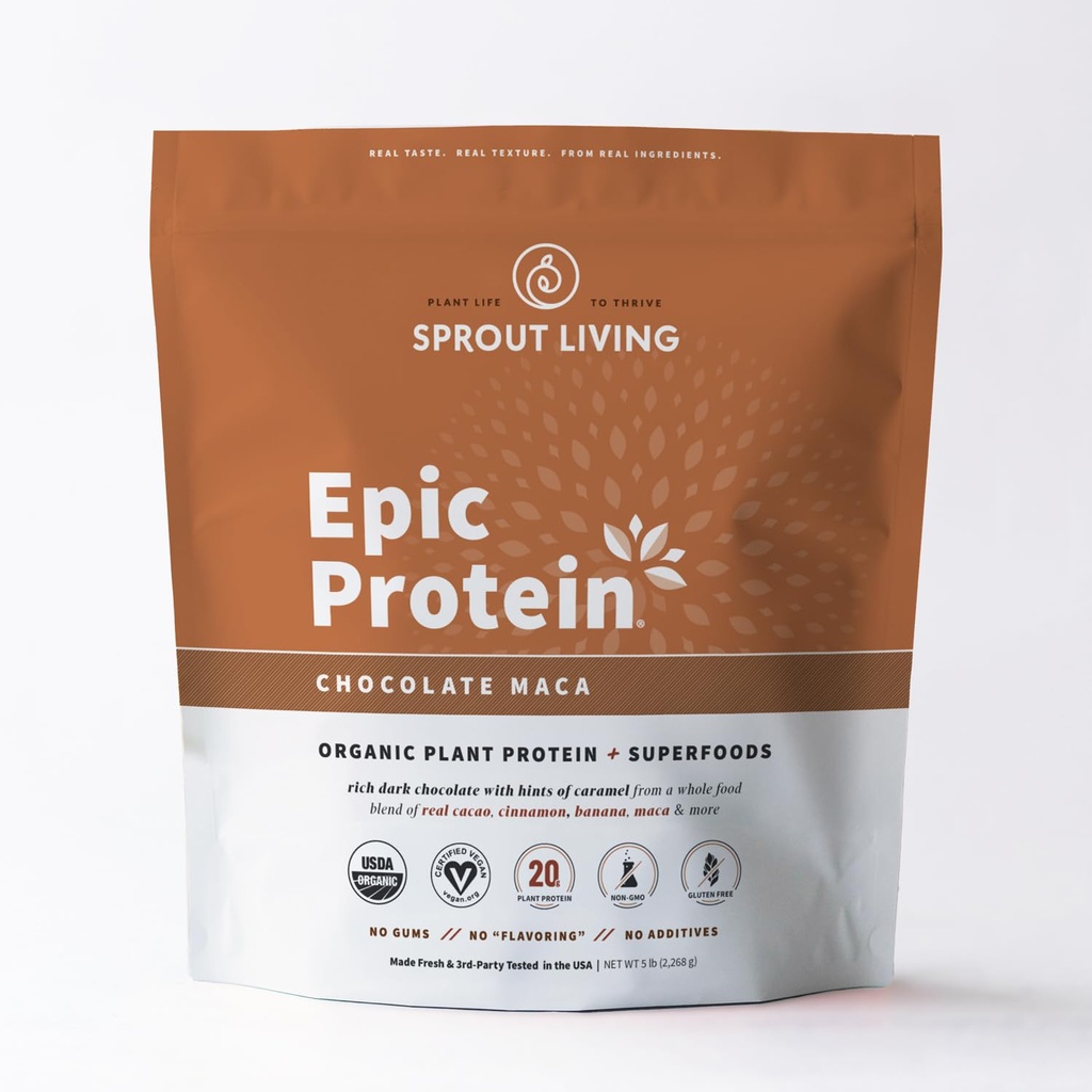 Proso Żywe Epickie Białko, Białko roślinne i Superfoods Proszek, Czekoladowy Maca Proszek Pigment 124; 20 Grams Organic Protein Powder, Wegan, Non Dairy, Non-GMO, Gluten Free, niski cukier (5 Funt, 60 Służenie)