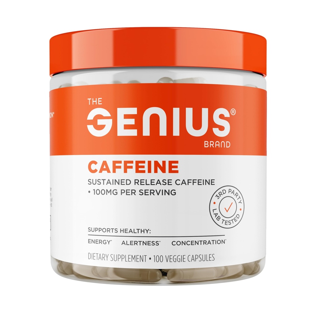 Genius kofeina - Sustainable-Release Microencapsulated Caepine Pills for Smooth, Long- Lasting Energy & Focus - No Jitters lub Crash - 100mg na kapsułki - 100 Servings - Natural Performance Booster