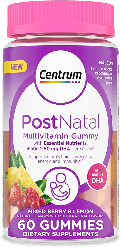 Centrum Postnatalne Gummeje wielowarstwowe z Biotyną i DHA, Mieszane Jagody i Lemon Flavors - 60 Count, 30 Day Supply