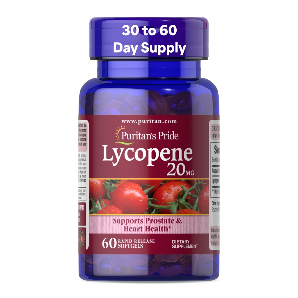 Puritan Pride Premium Lycopene 20mg, Suplement diety dla prostaty, przeciwutleniacz, Heart Health, i ogólne wsparcie zdrowia, 1 Miesiąc dostaw, 60 Softgels szybkiego wydania