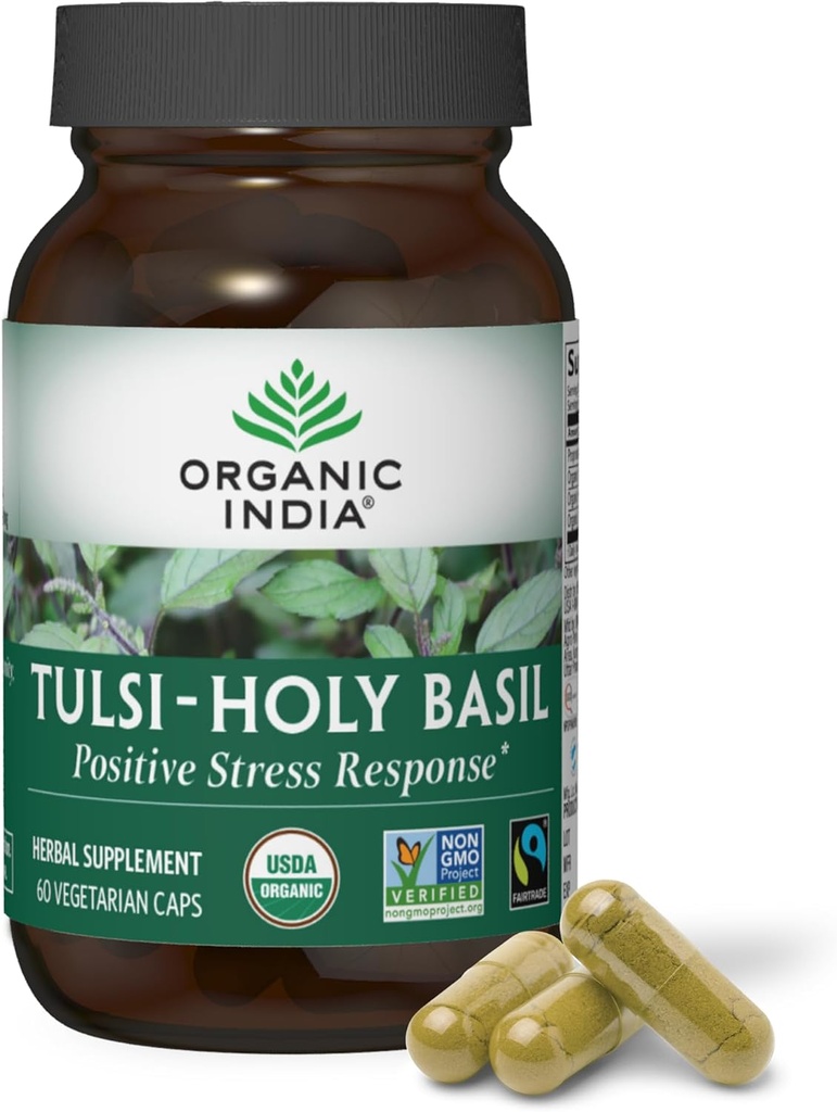 ORGANIC INDIA Tulsi Holy Basil Kapsułki - Święty Basil Extract - Święty Basil Suplement liści, Herbal Supplement, Wsparcie immunologiczne, Stress Relief, Wegan, Gluten- Free, Kosher, Organic, Non-GMO - 60 Kapsułki
