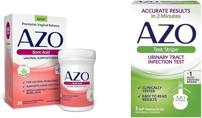 AZO Acid Boric Poduszki pochwowe pomaga wspomagać kontrolę zapachu i równowagi PH pochwy, 30 Licz dróg moczowych Tract Infection (UTI) Paski testowe, Dokładne wyniki w 2 Minuty, 3 Count