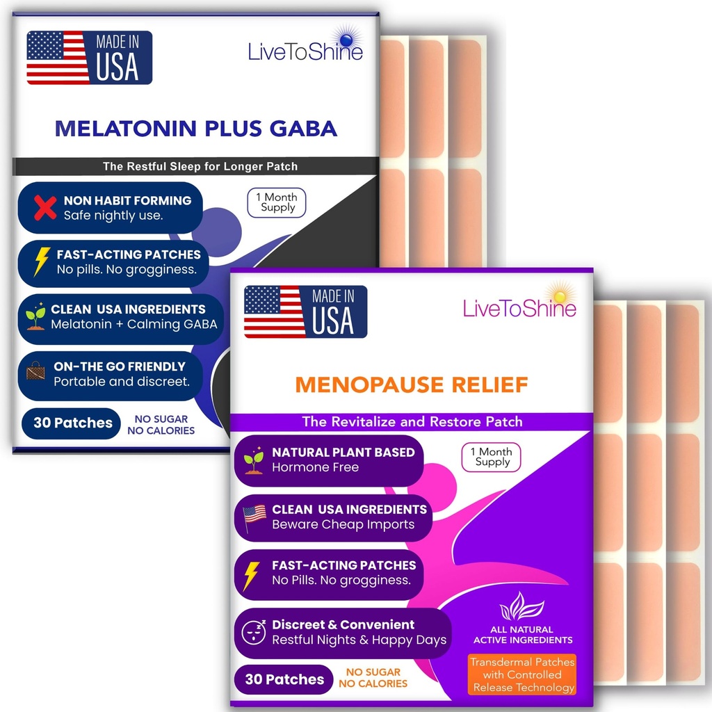 Menopauza Relief i Melatonin Sen Pack - 2 opakowania - Gorące błyski, nocne poty, dreszcze nastrojowe Relief Plus Resteful Sleep Patches - 30 Day Supply Per Pack (60 Pats) - USA Made by Live To Shine