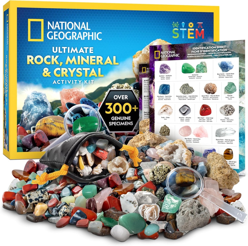 National Geographic Rock Collection Box for Kids - 300 + Piece Kamienie i kryształy Zestaw zawiera Geody i prawdziwe kryształy, Skały i Minerały, Zestaw naukowy dla dzieci, Geologiczny prezent dla chłopców i dziewcząt