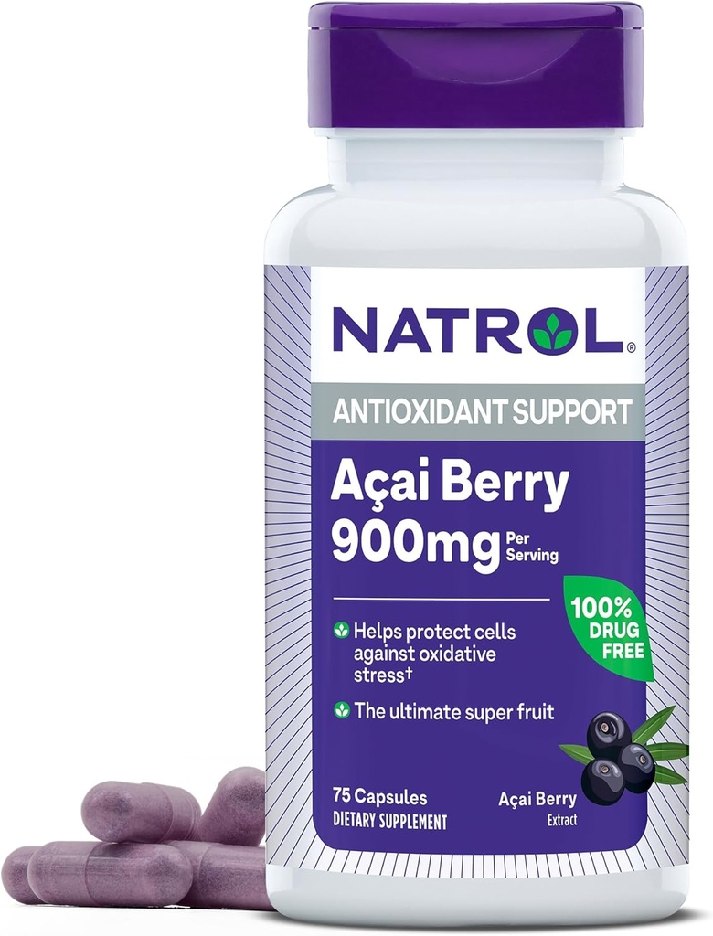Natrol Acai Berry 900 mg na serwowanie, Suplement diety do wsparcia przeciwutleniaczy, 75 kapsułek, 37 Day Supply