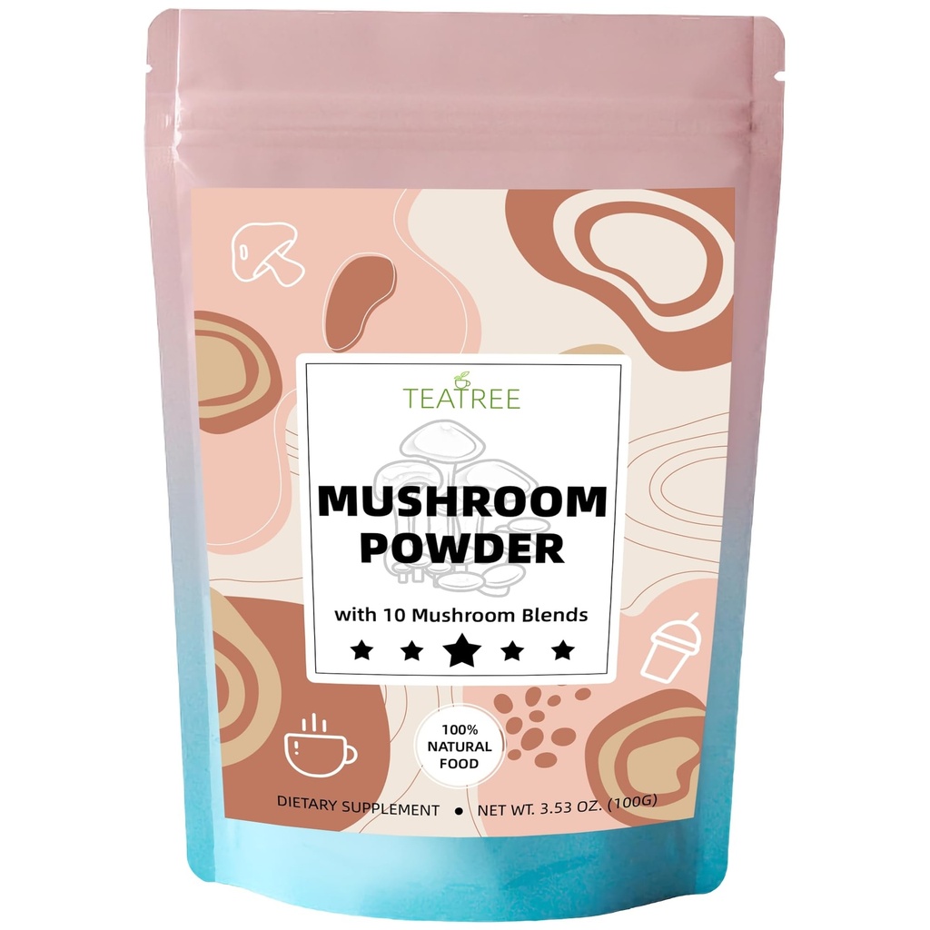 10 Mushrooms Extract Powder, Mushroom Supplement blend for Coffee, Beverages & Smoothies, Natural Focus, Energy & Immune Supplement - 3.53 oz / 100g
