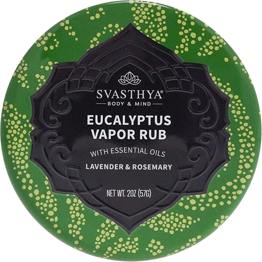 Svasthya Body & Mind Eucalyptus Vapor Rub - Otwiera przejścia nosowe i nawilża skórę, kaszel, duszny nos i kongestion ulga, Olive Oil, Beeswox, Lavender, Rosemary - Made in The USA, 2oz