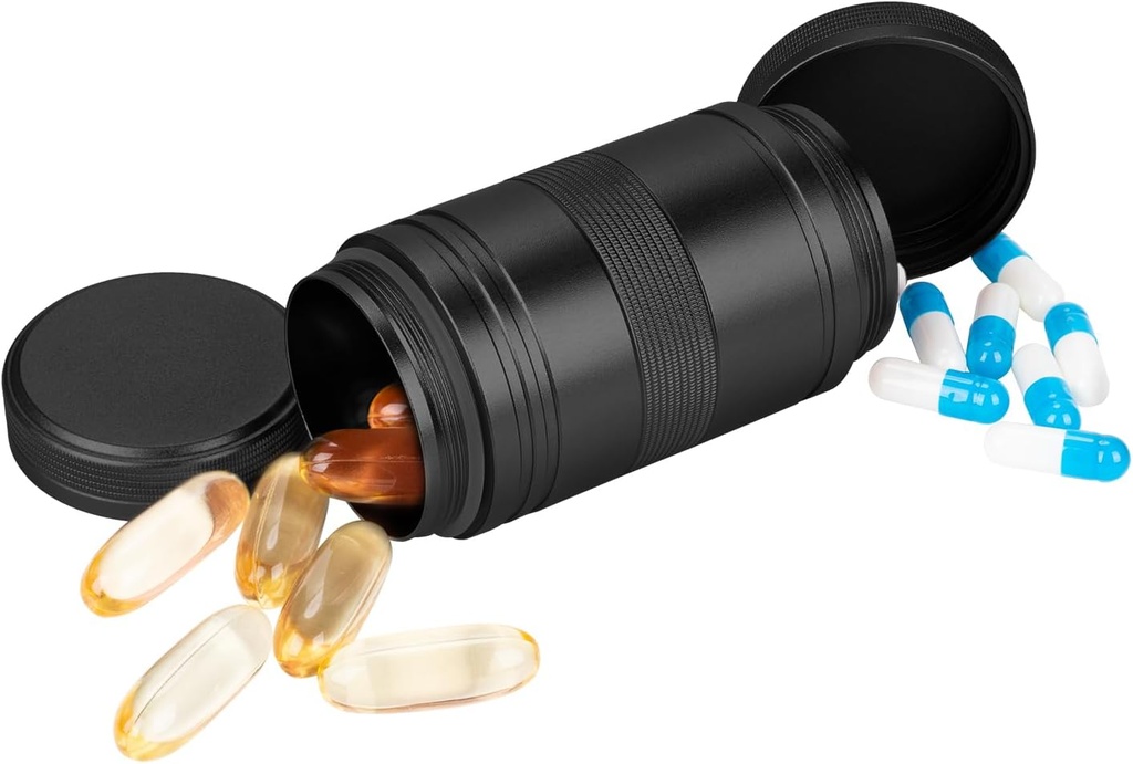 Metal Pill Box 2 razy dziennie - Przenośny wodoodporny mały pióro Case (AM PM), Compact Pill Holder Container, Compact Pill Organizer Medicine for Pills / Witamina / Olej rybny / Suplementy, Czarny