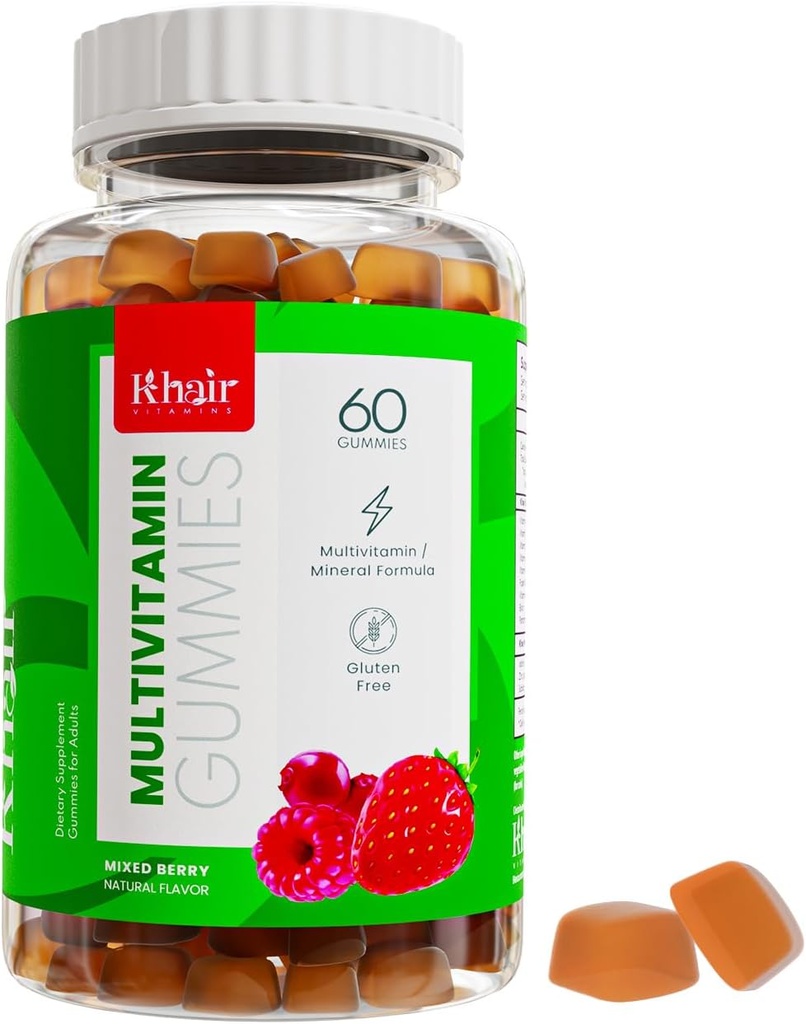 Khair Halal Adult Multivitamins Gummy - Vegan, Non-GMO - Gluten Free, Gelatin Free - Essential Vitamins: Vitamin A E C D B12 & Vitamin B6 Halal Vitamins - 60 Gummies