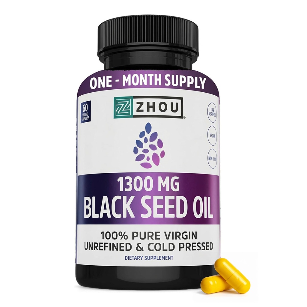 ZHOU Black Seed Oil Kapsułki - Czarny Kmin Seed Oil Cold Pressed, Nigella Sativa, Czysty nierafinowany Blackseed, Premium Supplement for Health, Hair & Skin w / Thymoquinone - 60 Kapsułki (Opakowanie po 1)