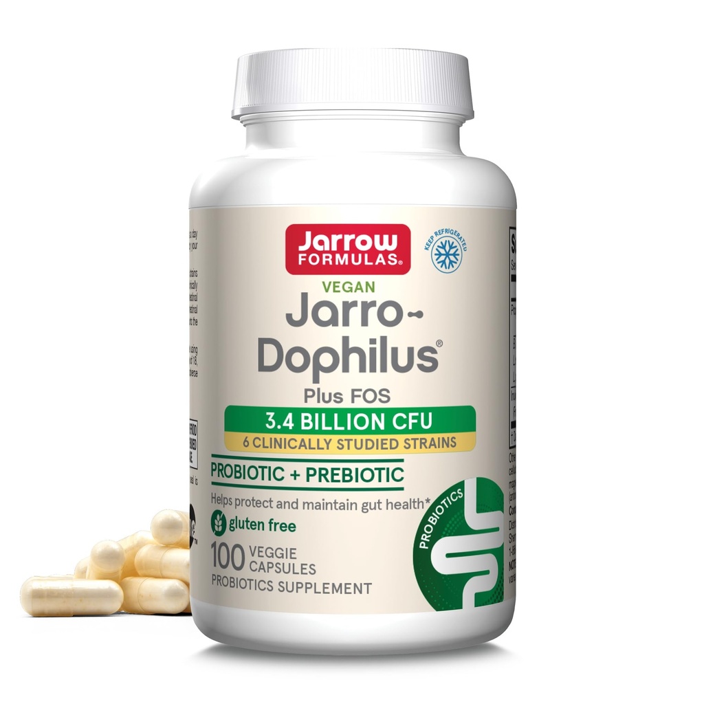 Jarrow Figuras Jarro- Dophilus + FOS - 3.4 Miliard Organizmów Per Serving - 100 Veggie Caps - Prebiotic & Probiotic - Nutritional Support to Beneficial Bacteria - Do 100 Sług