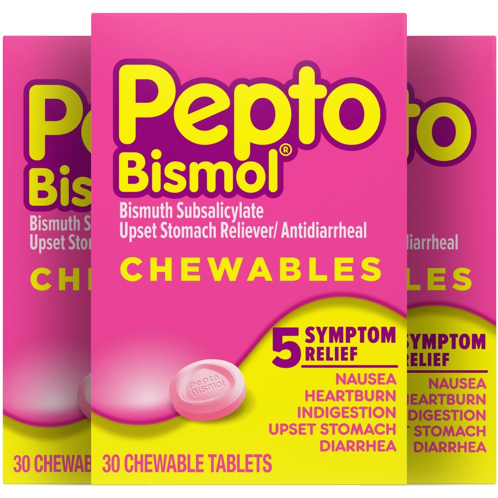 Pepto Bismol Tabletki do rozgryzania i żucia dla Nudności, oparzenia serca, niestrawności, roztrzęsionych żołądków i Biegunka Relief, Oryginalny Flavor, 90 Razem (3 opakowania po 30)