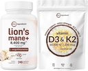 Micro Ingredients Witamina D3 10,000iu + K2 200mcg Olej kokosowy Softgels & Lions Mane Supplement 240 Veggie Capsules Bundle 2 Pack Description 124; Esencjonalny Sunshine Vitamin 124; Superfood Mushroom Antioksydants with L -