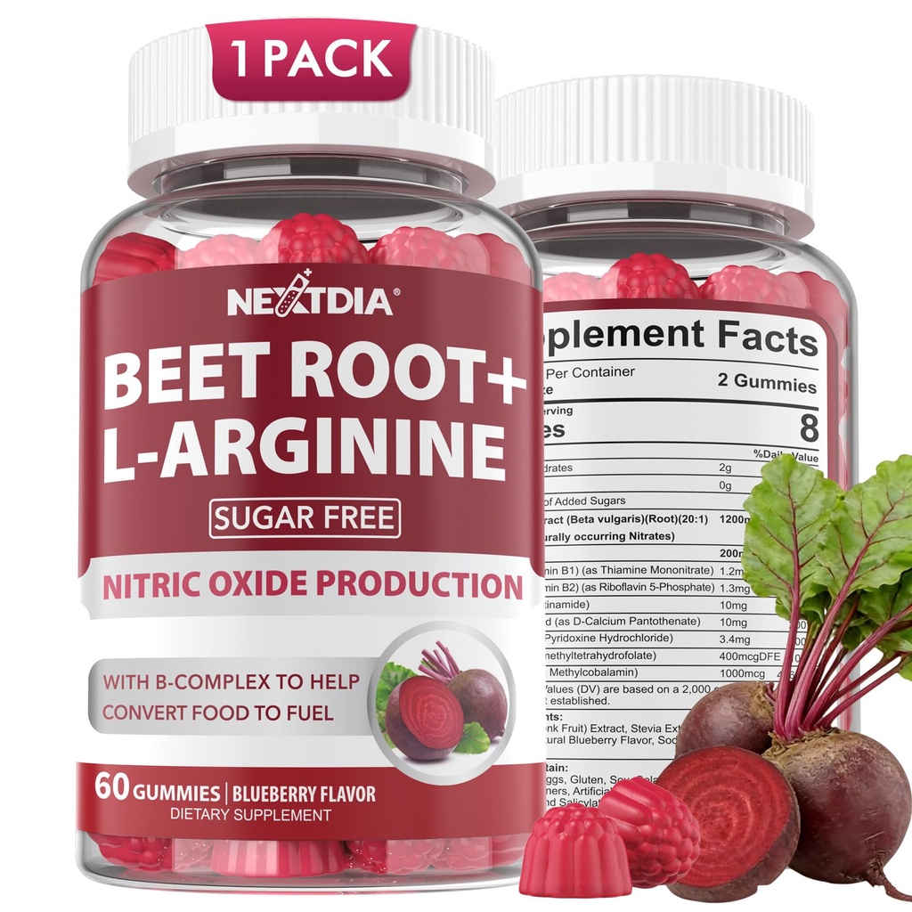 Gummy buraczane & Arginina L-, Suplementy tlenku azotu dla mężczyzn i kobiet w / Organic Beets, B1, B2, B3, B5, B6, Folate, B12 for Energy Boost & Circulation Support, Sugar Free, 60 Cts