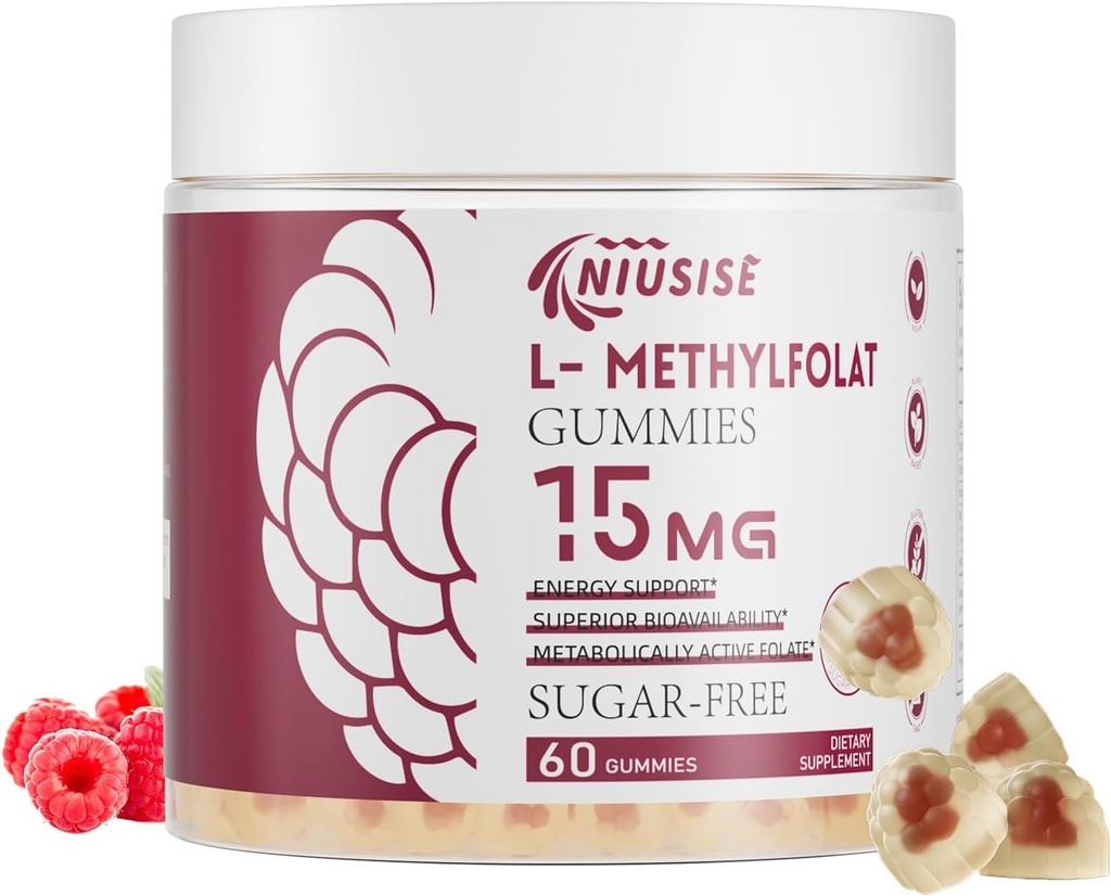 L- Metylofolan 15 mg Gumumie dla dorosłych, Gumumie bez cukru Poprawiają energię, Funkcje mózgu - Aktywny kwas foliowy i witamina B12 Suplement do wsparcia immunologicznego, Non-GMO, Gluten wolny