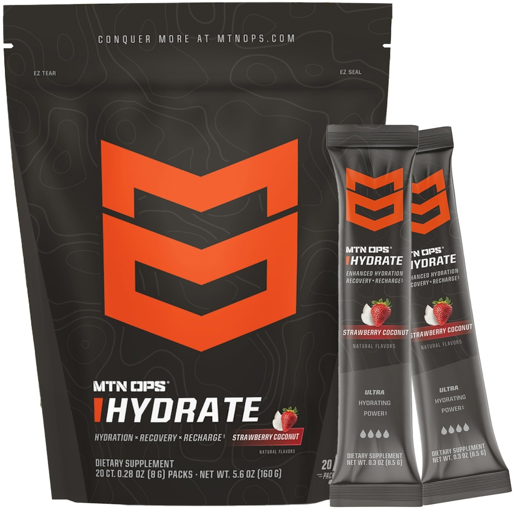 MTN OPS Hydrate Electrolytes Powder Drink Mix, 20 Pojedyncze opakowania elektrolitów z ponad 1000mg elektrolitów na jedną porcję, Strawberry Coconut