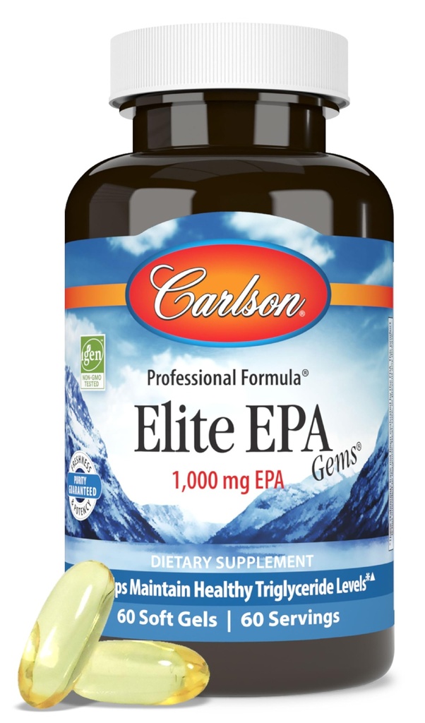 Carlson - Elite EPA Gems, 1000 mg EPA Fish Oil, Wild- Caught, Norweski suplement do oleju rybnego, zrównoważony sourced, Pomaga utrzymać zdrowe poziomy triglicerydów, 60 Softgels