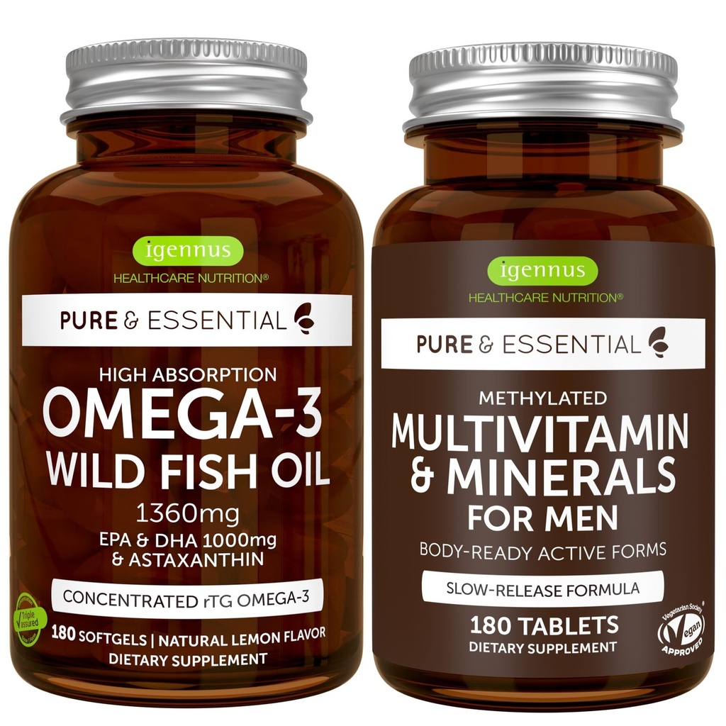 Wysoka absorpcja Omega-3 Wild Fish Oil + Metylowane Men 's Multivitamin Bundle, 1000mg EPA & DHA 180 Softgels + Trwałe uwalnianie Multivitamin 180 Tabletki, przez Igennus