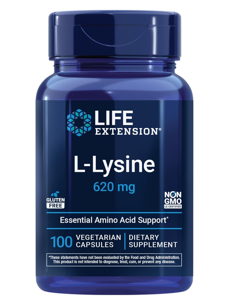 Przedłużenie życia L- Lyzyna, 620 mg, Esential Amino Acid for Healthy Acid Balance, Wapnia Metabolizm, Stress Response & More, Gluten- Free, Non-GMO, Wegetarianin, 100 Kapsułki