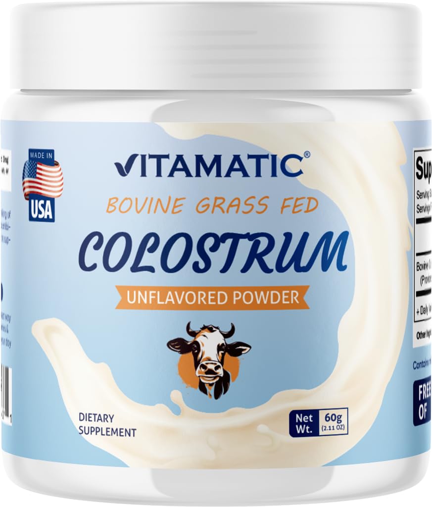 Vitamatic Bovine Colostrum 30% IgG Powder - Suplement do Gut zdrowia, Wzrost włosów, Piękno, Odzysk mięśni, & Wsparcie immunologiczne - Łatwy do wymieszania - 60 Gram (30 Służenia, Unflavored)