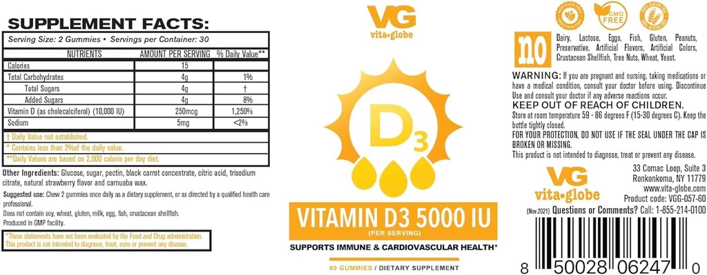 VITA GLOBE Witamina D3 10,000 IU z cynku i Echinacea Gummy - Wspiera zdrowy system immunologiczny, silne kości, zęby i mięśnie, 120 Count (2- Pack)