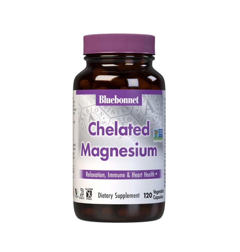 Bluebonnet Nutrition Albion Chelated Magnezu Kapsułka warzywna, 200 mg, Stress Relief, Wegan, Nie GMO, Gluten Free, Soy Free, Mleko wolne, Kosher, 120 Kapsułki warzywne, 2 Dostawa miesiąc