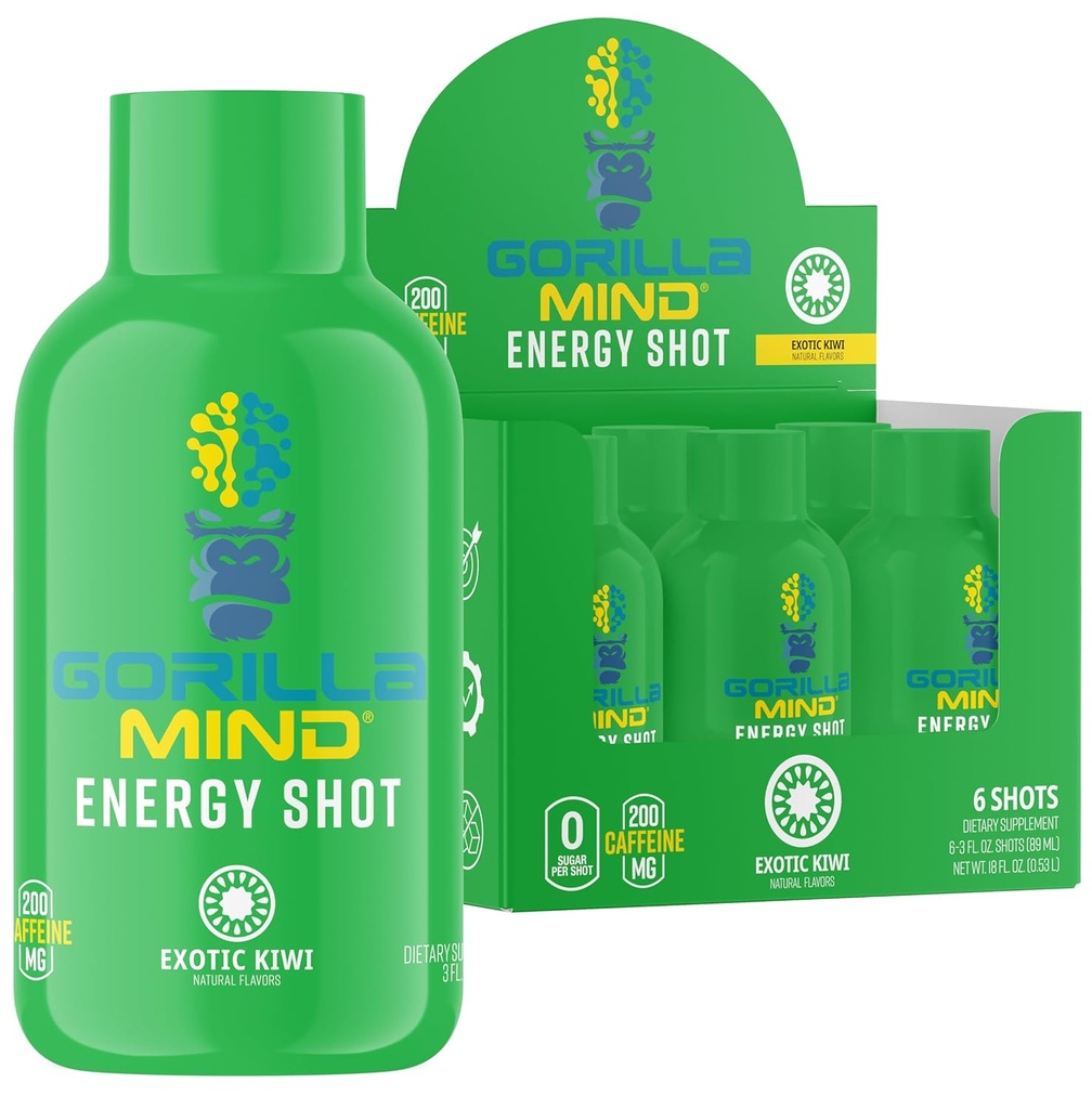 Gorilla Mind Energy Shots (Pack of 6) - Wzmocnione Focus & Energy, Sugar- Free, Fast- Acting, Potent Formuła z witamin i naturalnych ekstraktów (Egzotyczne Kiwi)