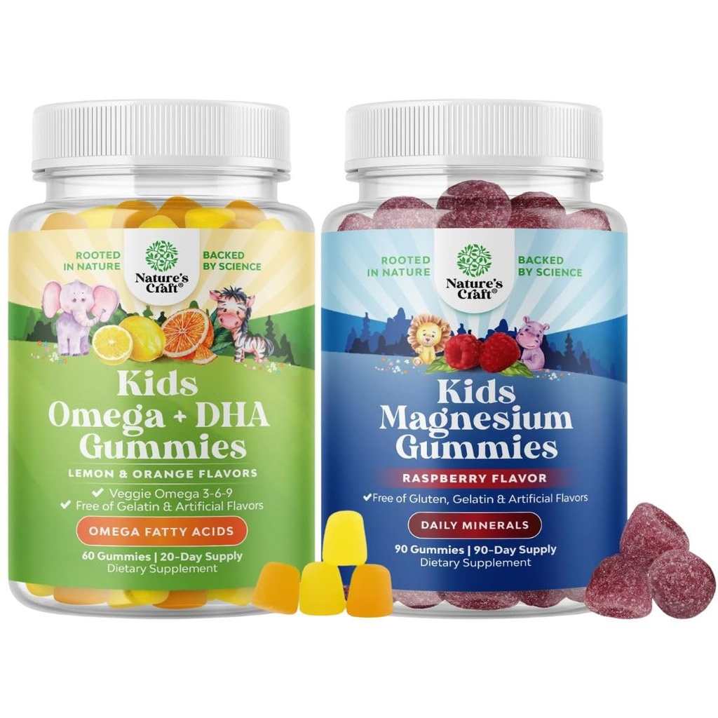 Paleta gumek Omega DHA dla dzieci - Kwasy tłuszczowe Omega 3 6 9 z witaminą C dla mózgu, odporności i wizji i dzieci Magnezu Gummies - Mag Citrate for Nerve Health Muskles & Healthy Heart Support