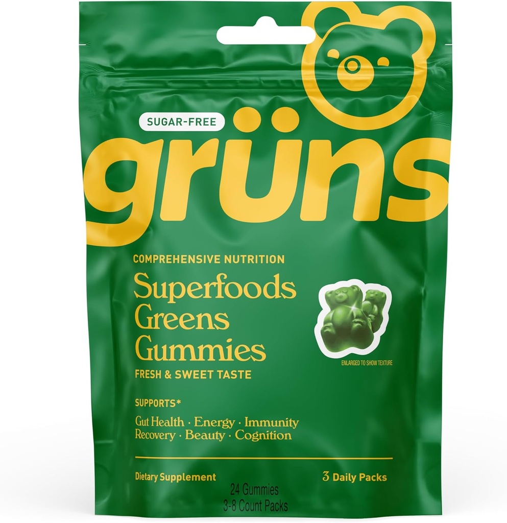 Gruns Sugar Free Super Greens Gummy Bears - Organic Spirulina i Chlorella, Prebiotyki dla zdrowia trawiennego, 20 + Witaminy i Minerały, Adaptogens - 3 saszetki - 24 Gummies