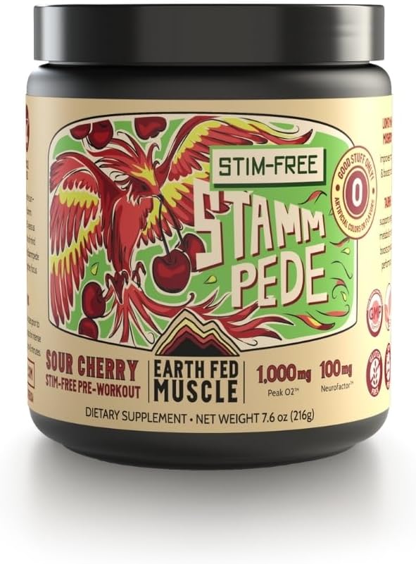 Ziemskie karmione mięśnie Stampede Sour Cherry Pre Workout Proszek dla mężczyzn i kobiet, Pre Workout bez kofeiny, Wegan & Gluten Free, Wzmacnia Focus & Endurance, Lwie grzywa, Tauryna, Peak O2, 30 Służenia