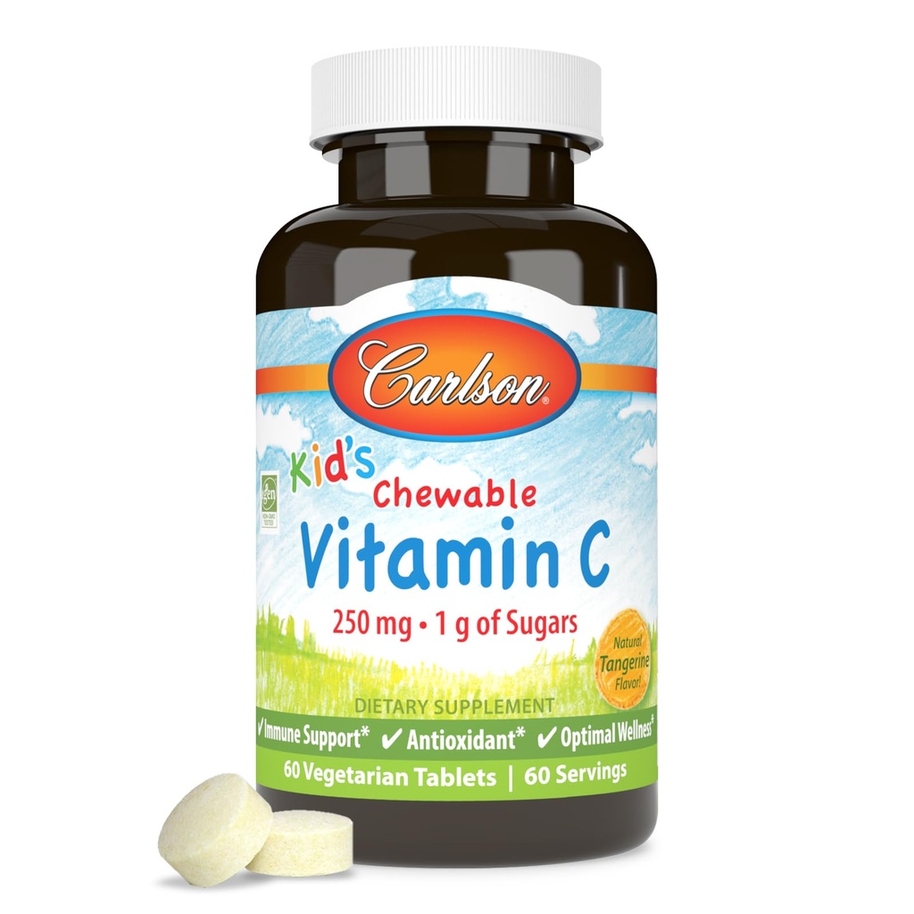 Carlson - Kid 's Chewable Witamina C, 250 mg, 1 g Cukry, Wsparcie immunologiczne & Optymalne Wellness, Przeciwutleniacz, Tangerine, 60 Tabletki wegetariańskie