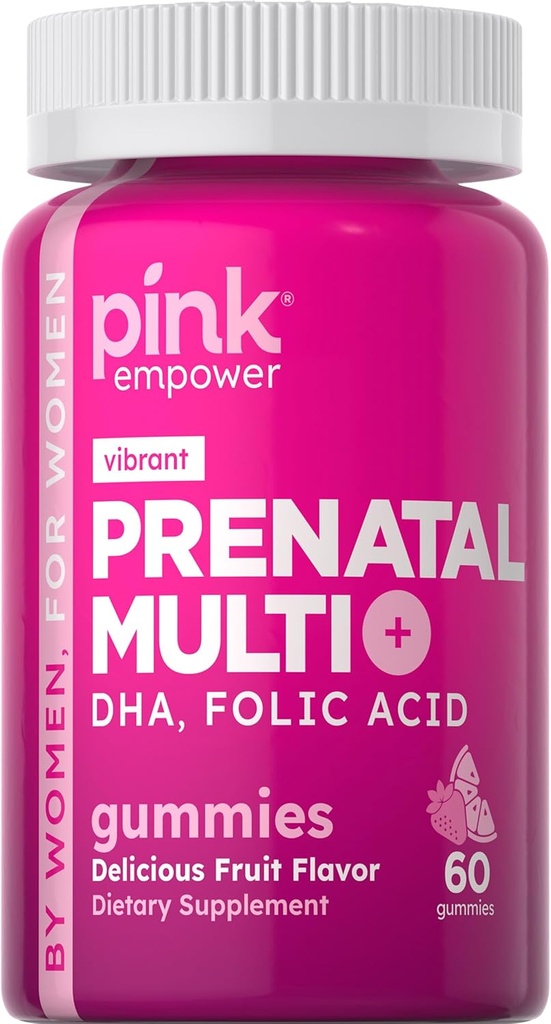 PINK Prenatal Witaminy 124; 60 Gumiaki z DHA i kwasu foliowego 124; Non-GMO & Gluten Free Multivitamine 124; Fruit Flavor