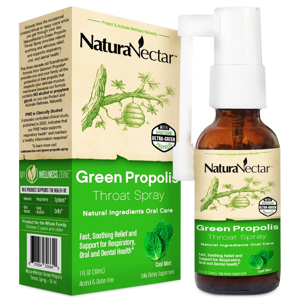 NaturaNectar - Green Propolis Throat Spray - Unikalna, Kojąca ulga w leczeniu gardła z brazylijskiej Bee Propolis - Naturalna i niealkoholowa formuła do leczenia gardła z zrównoważonej pszczelarstwa (1- Pack, 30 ml)