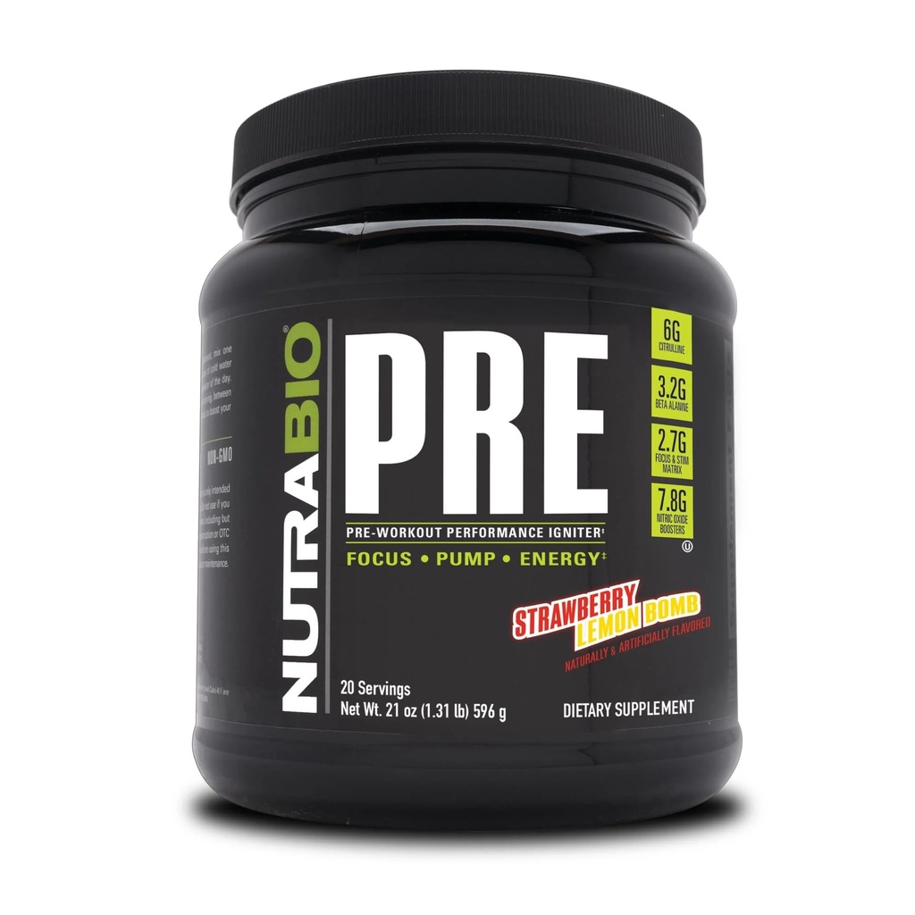 NutraBio PRE Workout Proszek - Stara formuła - Trwała energia, Mental Focus, Endurance - Beta Alanina, Kreatyna, Kofeina, Elektrolity - 20 Służenia - Truskawkowa bomba cytrynowa