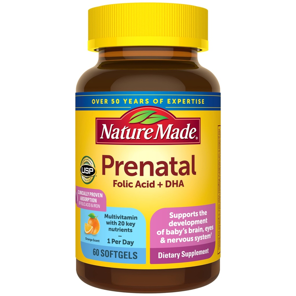 Nature Made Prenatal Vitamins for Women with Folic Acid + DHA, Prenatal Vitamin and Mineral Supplement for Daily Nutritional Support, 60 Softgels, 60 Day Supply