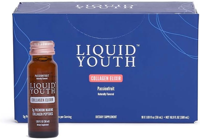 Liquid Collagen Elixir Shot for Women & Men - Premium Liquid Marine Collagen for Hair Growth, Skin, Nail, Bone & Joint Health - Przyjazny dla podróżnych (Passion Fruit, 10 Servings per Box)