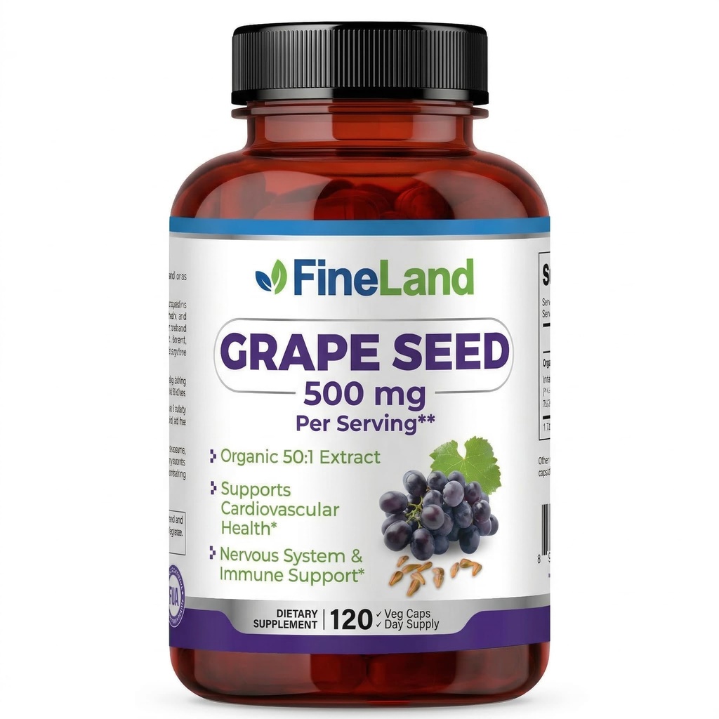 FineLand Grape Seed Extract 50: 1 - 25,000 mg ekwiwalent kapsułki - 120 kapsułki wegańskie - Bogate w przeciwutleniacze 124; Serce, Immune & Circulation Support - Non-GMO Xi124; Made in USA