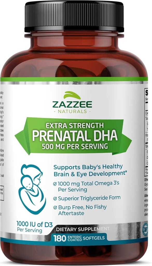 Zazzee Ekstra Siła Prenatal DHA 500 mg, 180 Enteric Coated Softgels, 1000 mg Omega 3 's, 1000 UI Witamina D3, Burp Free, No Fishy Aftersmast, Superior Trigliceryde Form, Oczyszczone Deep Sea Fish Oil