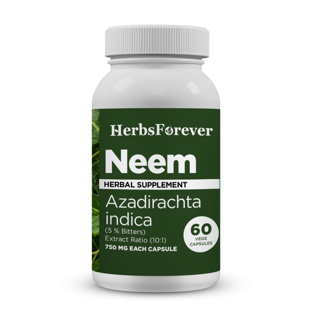Herbsforever Neem kapsułki Azadirachta Indica Suplement do skóry 60 Vege kapsułki