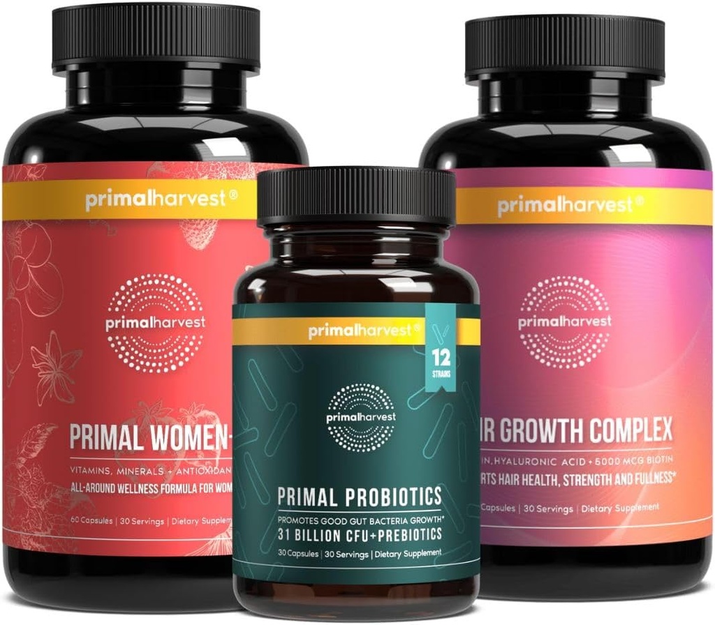 Pierwotny zbiór żeńskich zbiorów - 30 Day Supply: Kobiety + Multiwitamina, pierwotne wsparcie dla włosów i pierwotny probiotyk dla zdrowia i witalności kobiet