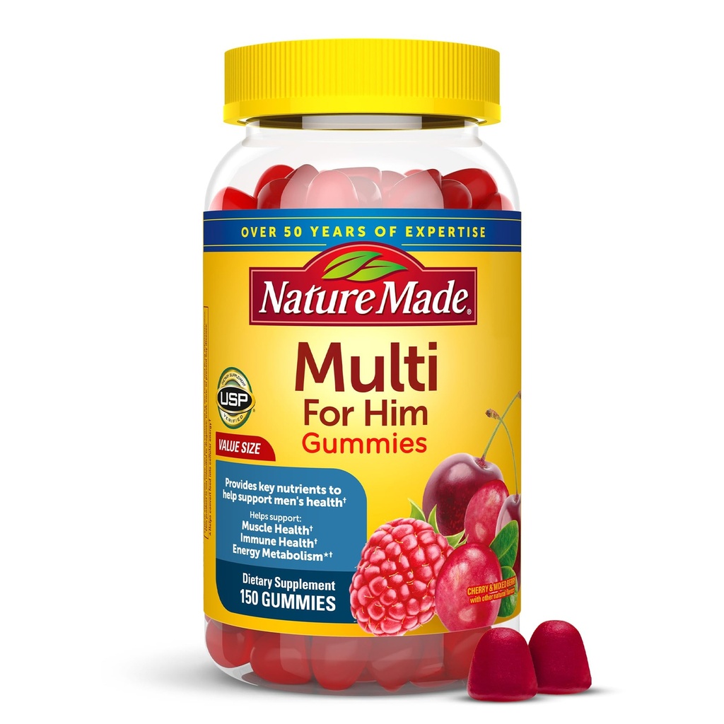 Nature Made Multi for Him, Mens Multivitamins Gummies, Energy Metabolizm Wsparcie, Multivitamin dla mężczyzn, 150 Gumy Witaminy i Minerały, 75 Day Supply